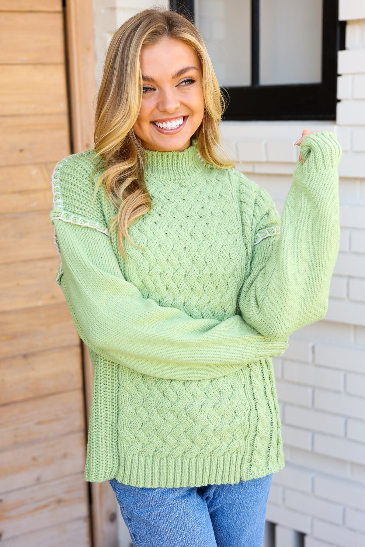 Making Moves Lime Chunky Knit Outseam Mock Neck Sweater