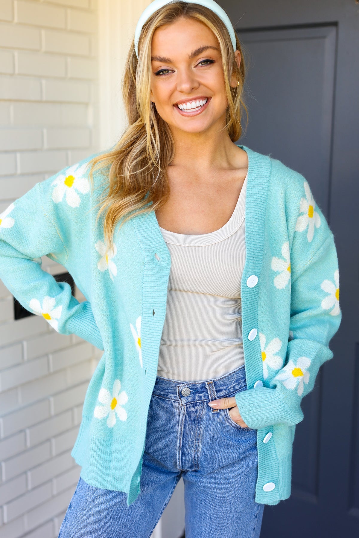 All For Love Mint Daisy Print Button Down Knit Cardigan