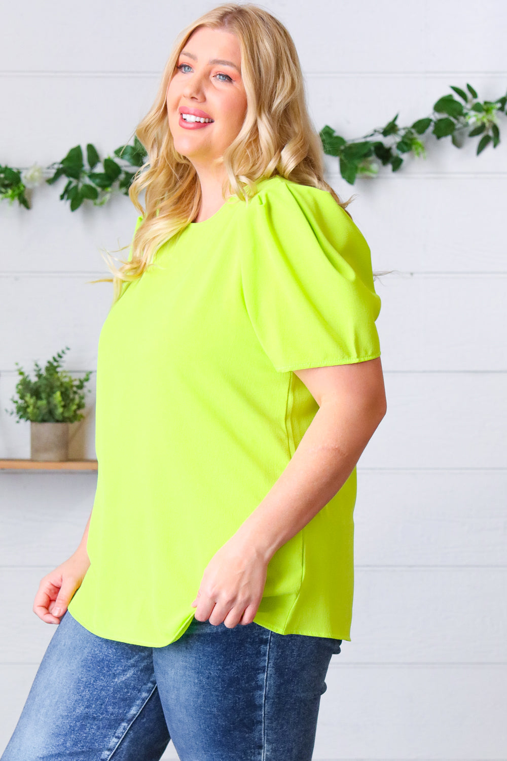 Neon Green Round Neck Puff Sleeve Crepe Top