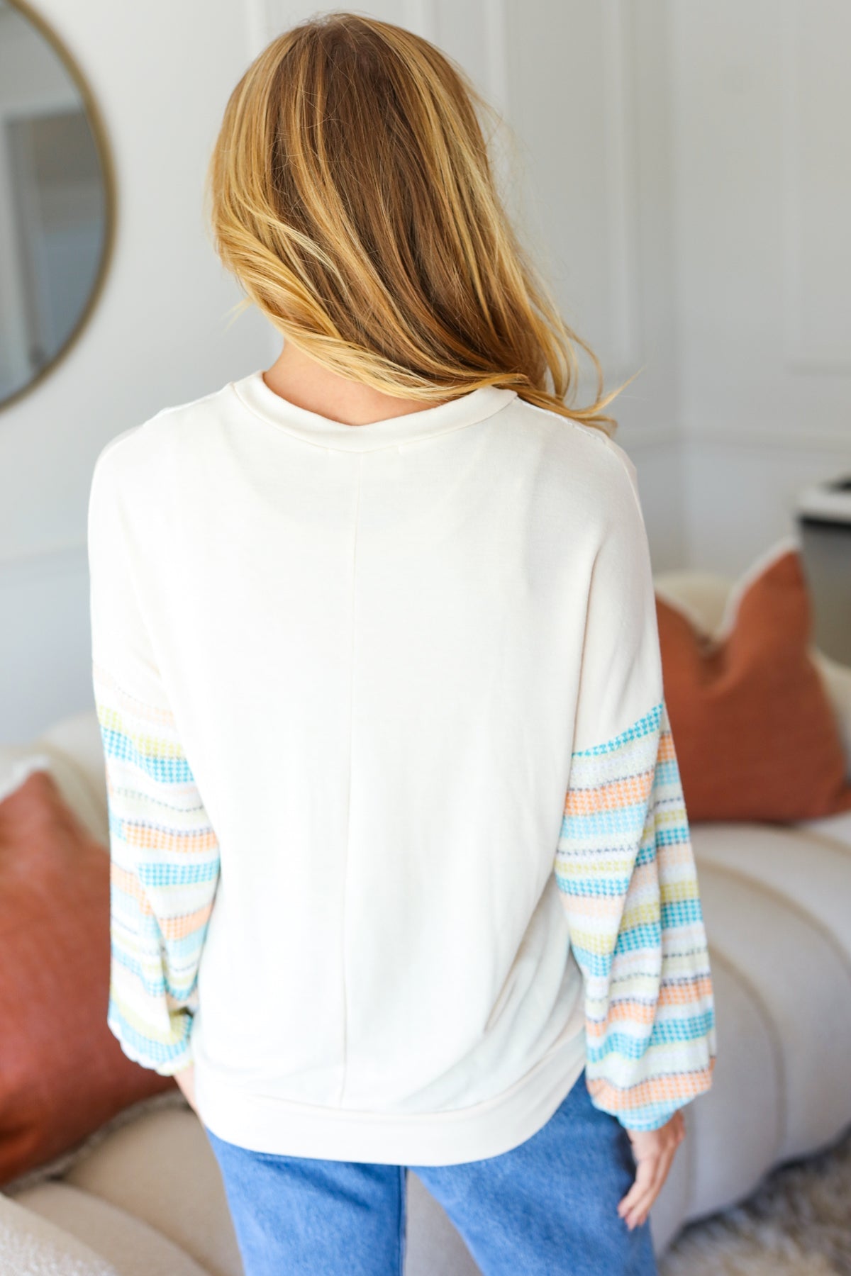 Oatmeal Lace V Neck Vintage Stripe Pullover