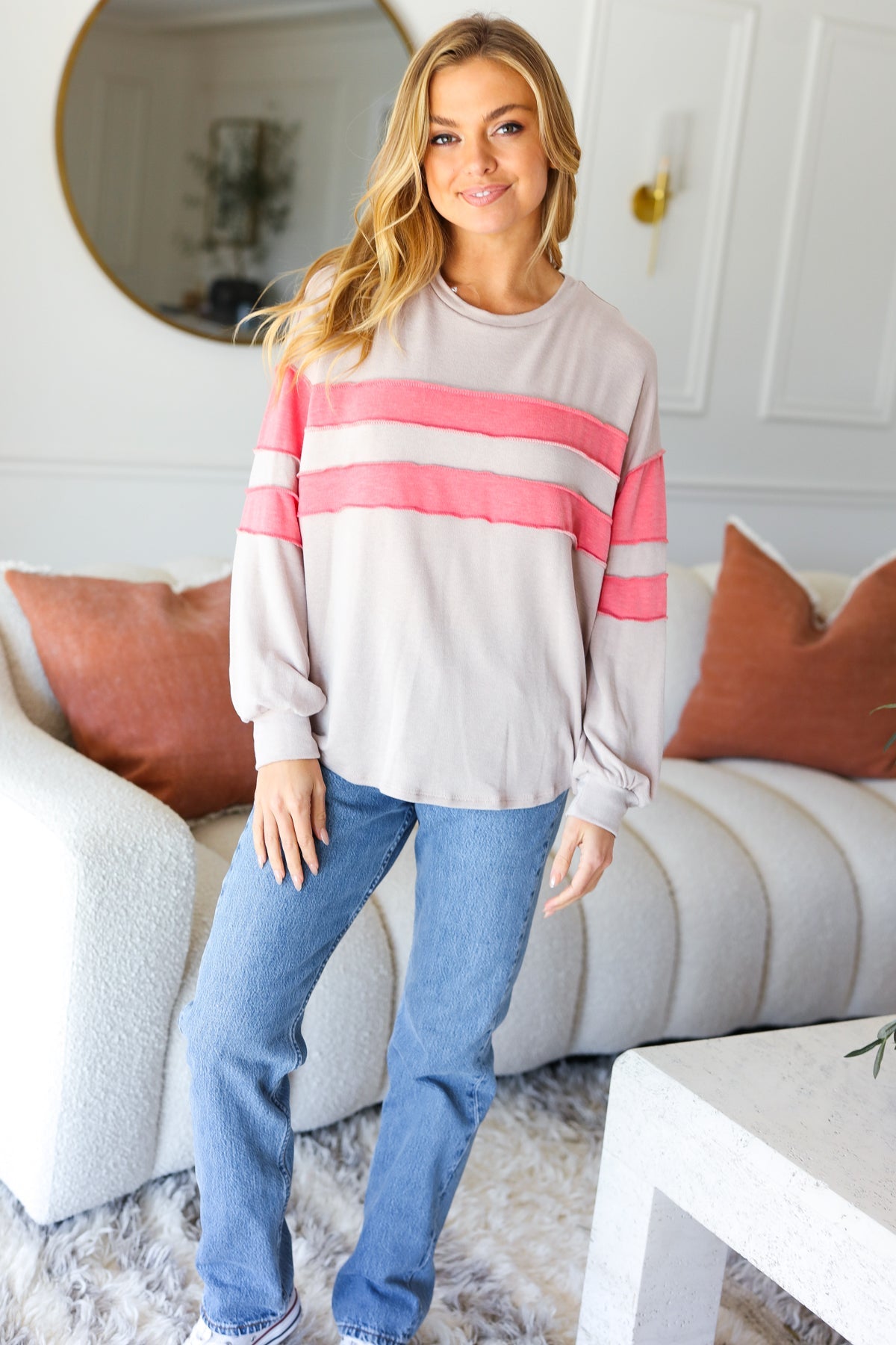 Rally Day Taupe & Coral Game Day Stripe Outseam Terry Top