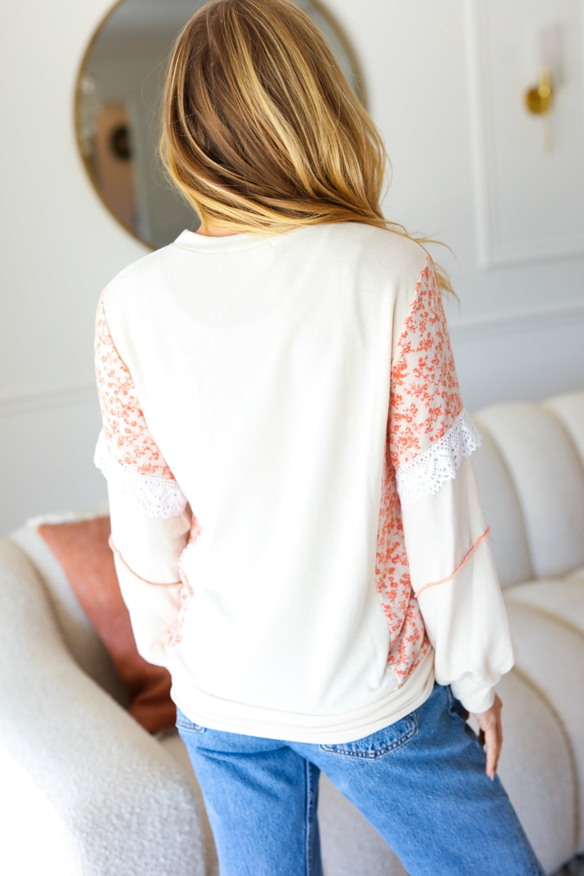 Cream Ditzy Floral Bubble Sleeve Lace Trim Pullover