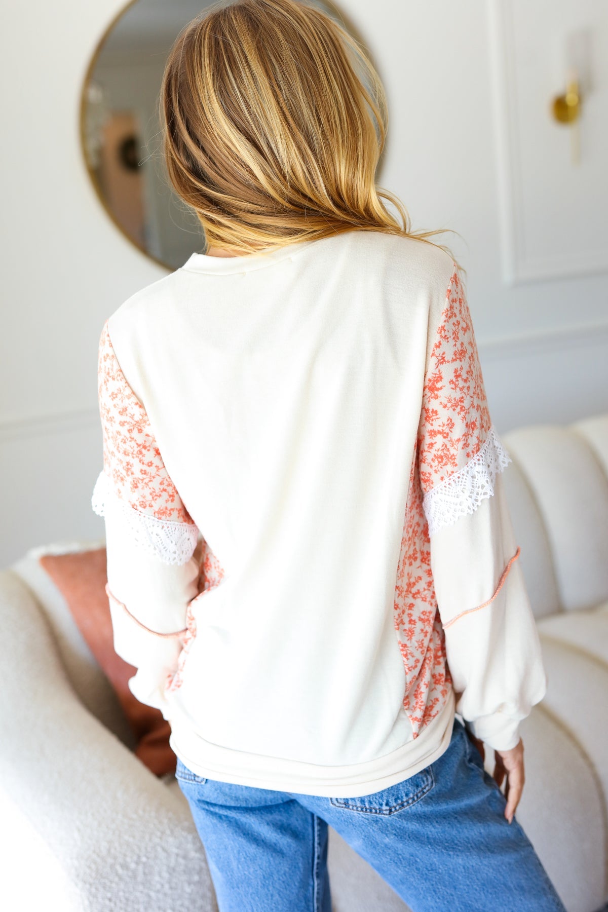 Cream Ditzy Floral Bubble Sleeve Lace Trim Pullover