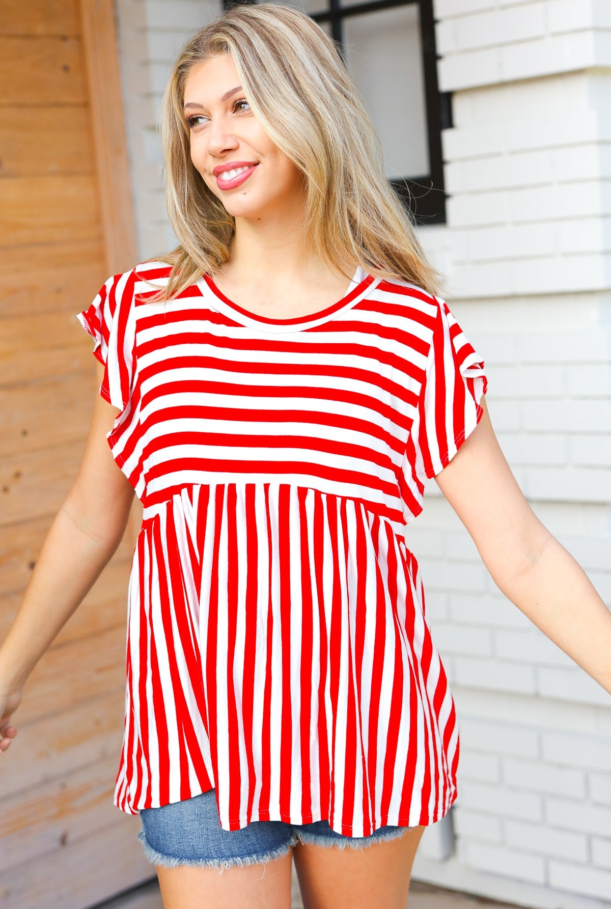 Red Stripe Babydoll Flutter Sleeve Top