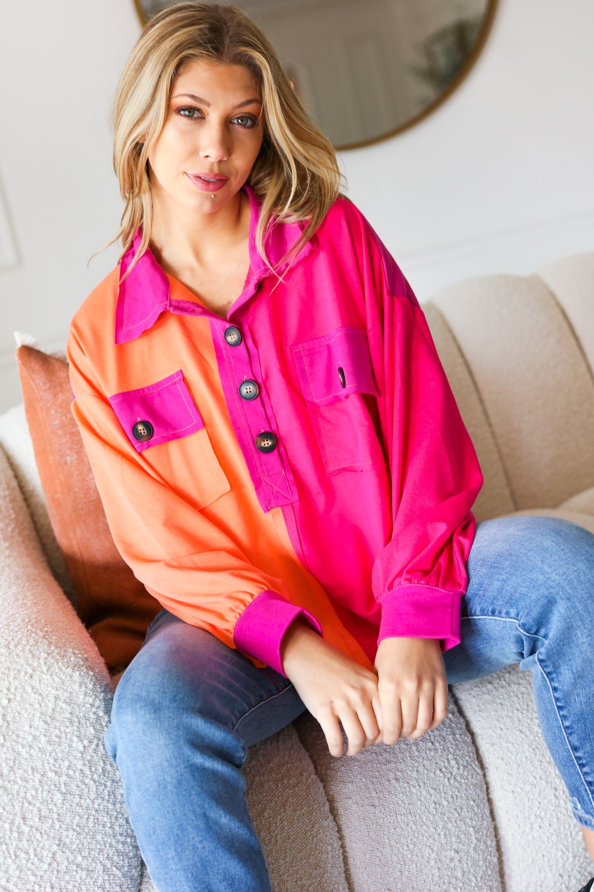 Feeling Bold Orange & Fuchsia Color Block Button Down Top