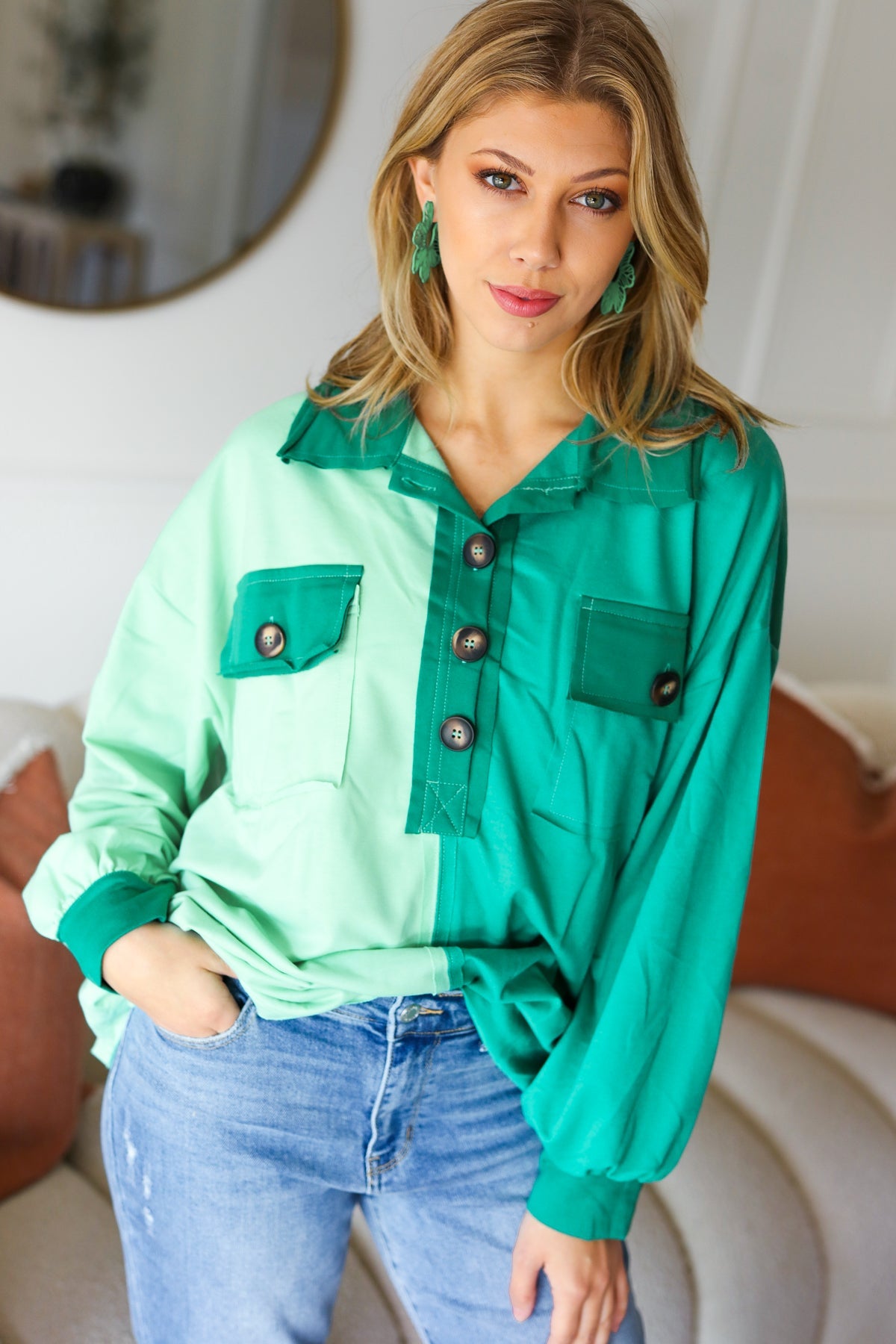 On The Way Up Mint Color Block Button Down Pullover