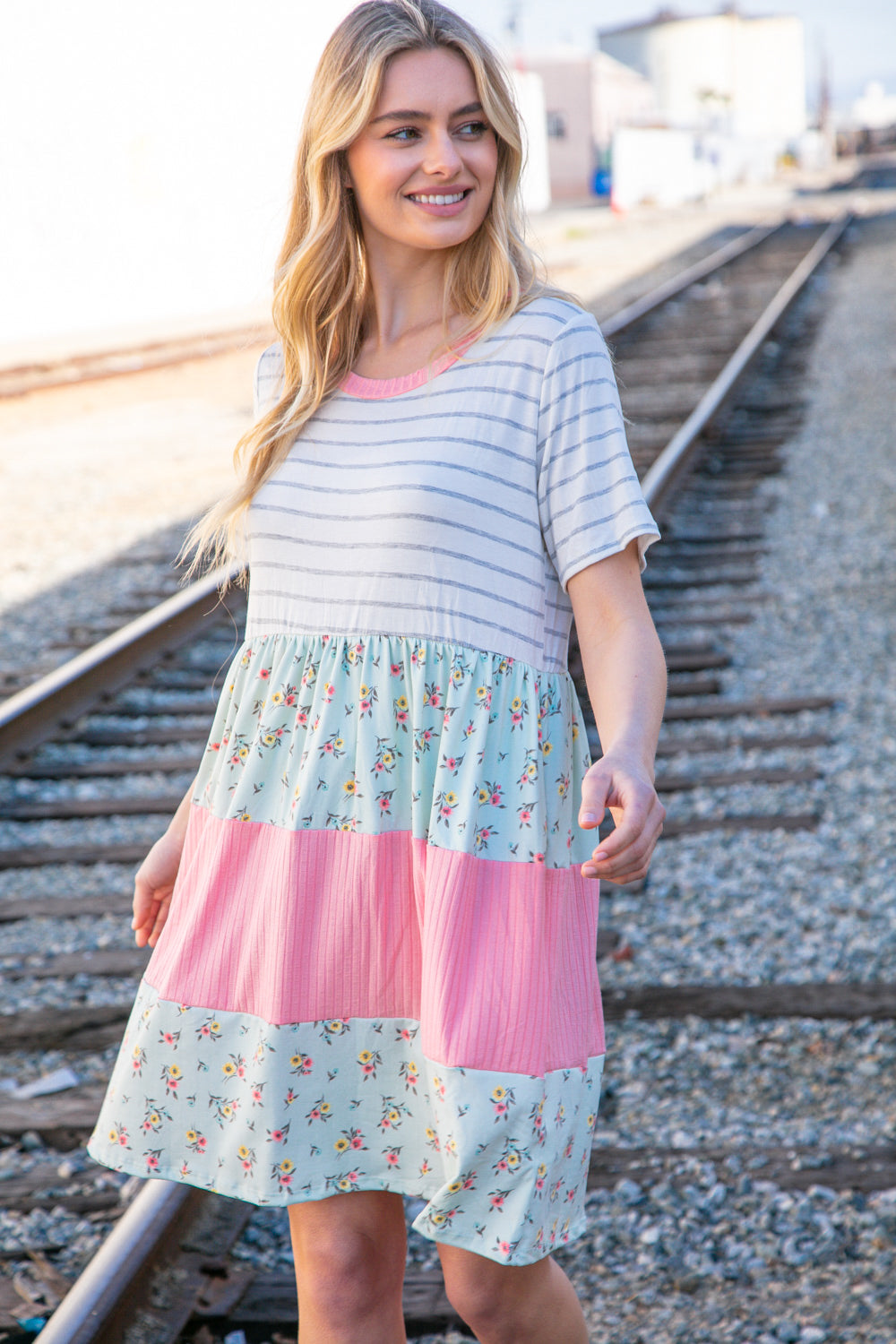 Floral and Stripe Color Block Fit and Flare Rib Dress