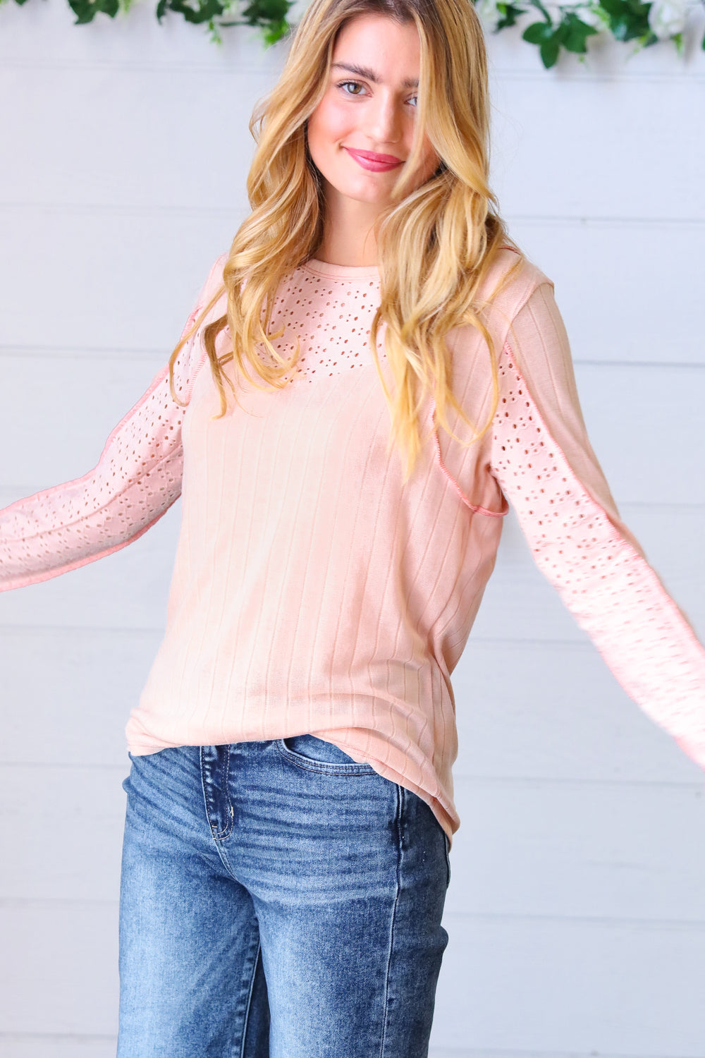 Peach Wide Rib Knit Eyelet Yoke Top