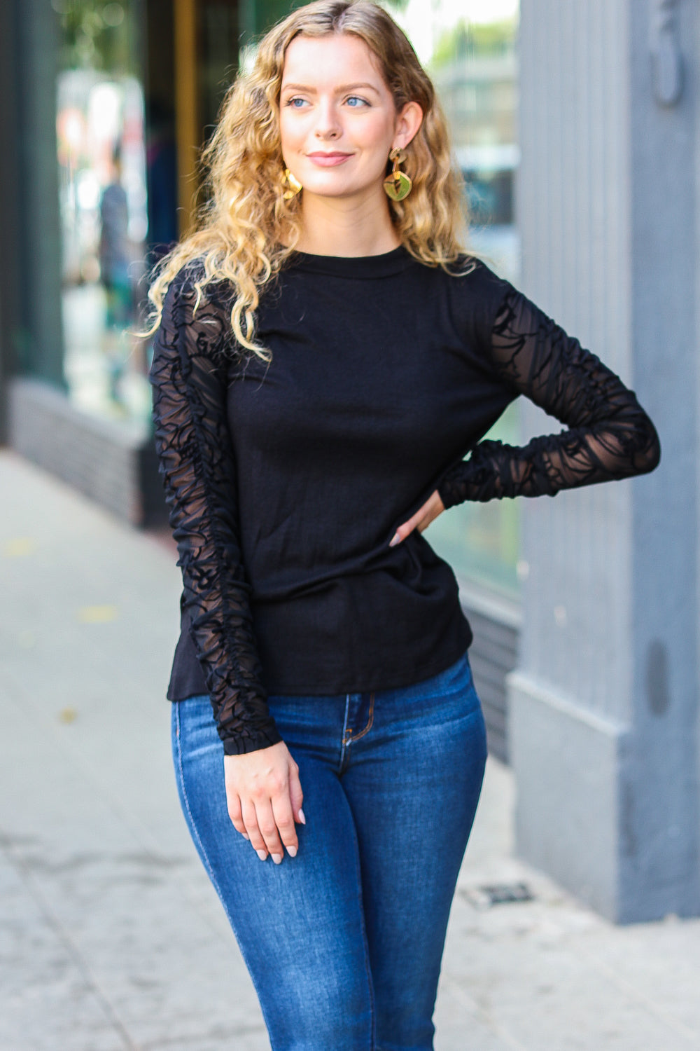 Can't Help But Love Black Shirred Velvet Mesh Blouse