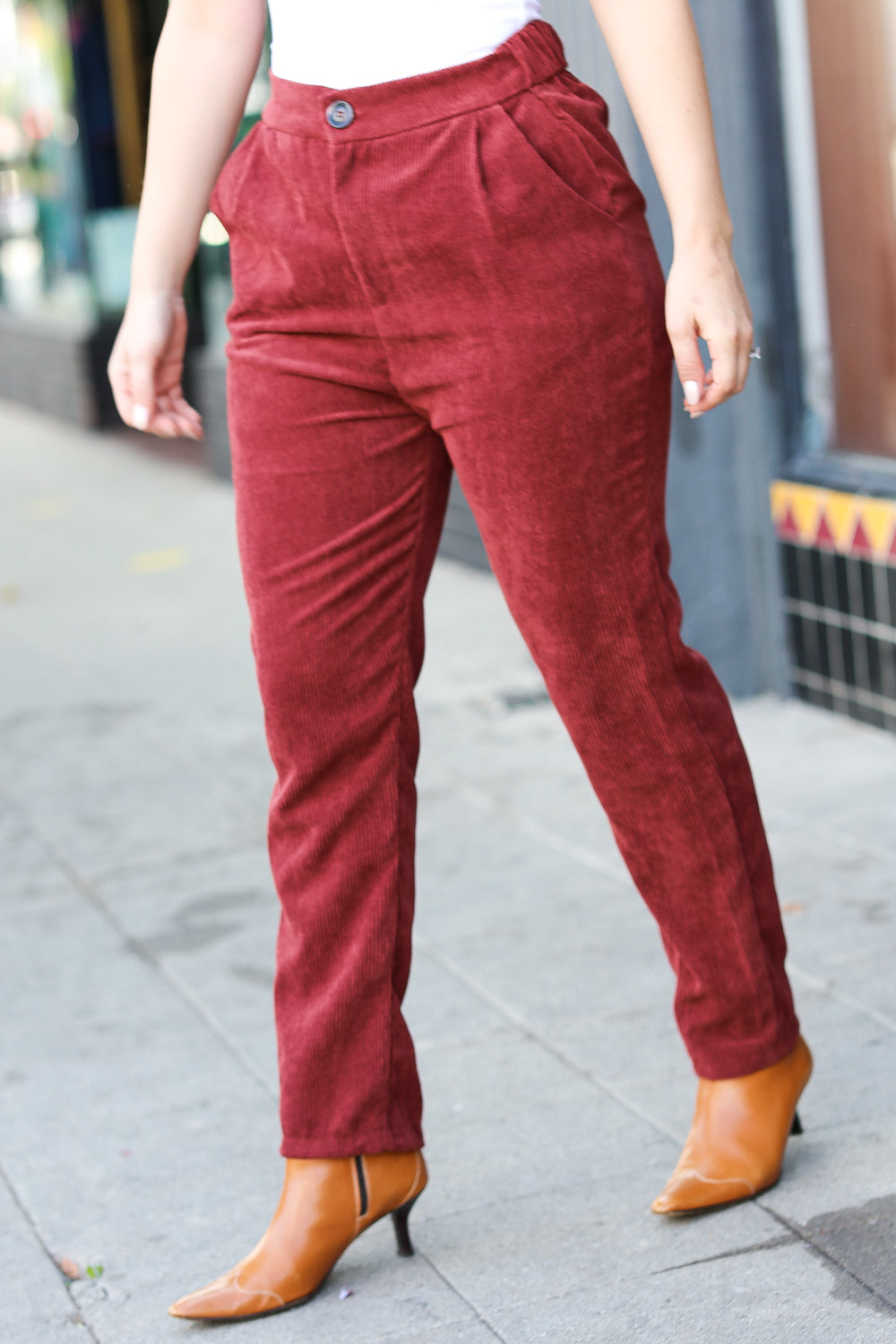 Going Your Way Burgundy Corduroy High Rise Tapered Pants