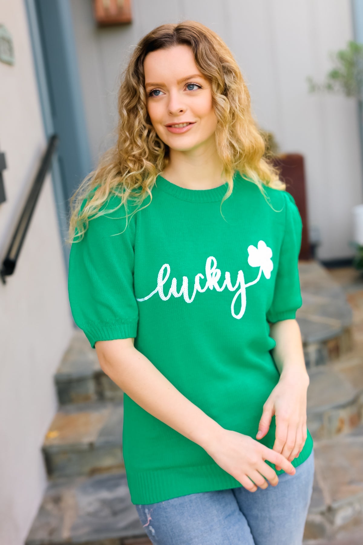 Lucky Lady Shamrock Green Sequin Puff Sleeve Knit Top