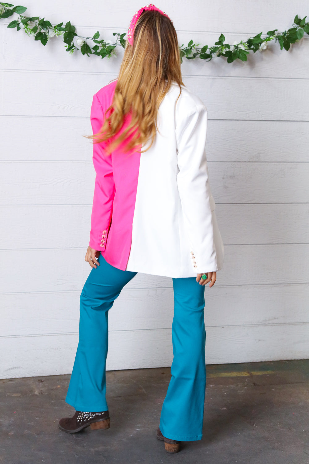 Fuchsia & Cream Silky Half & Half Buttoned Blazer