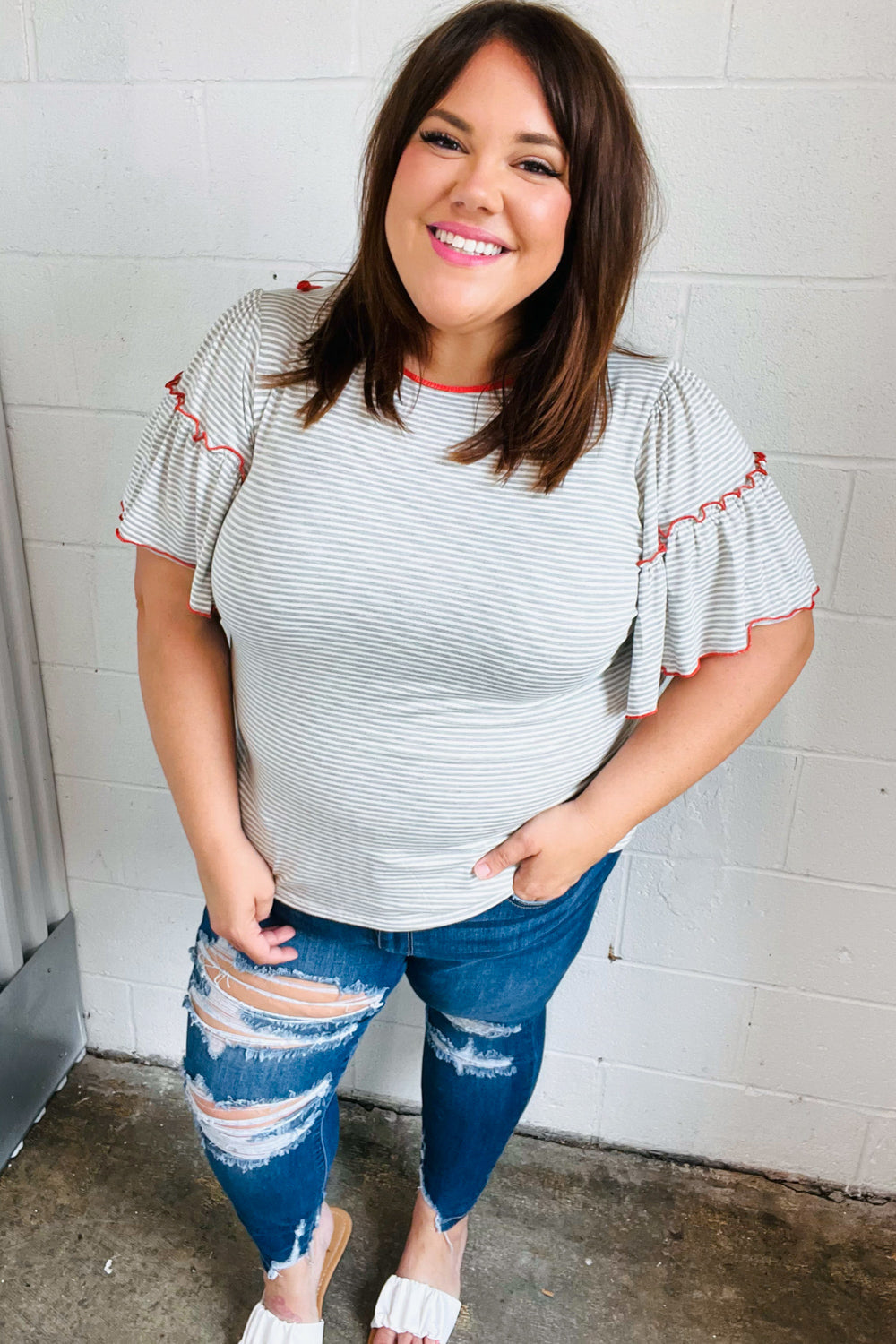 Heather Grey Striped Flutter Sleeve Tie Back Top