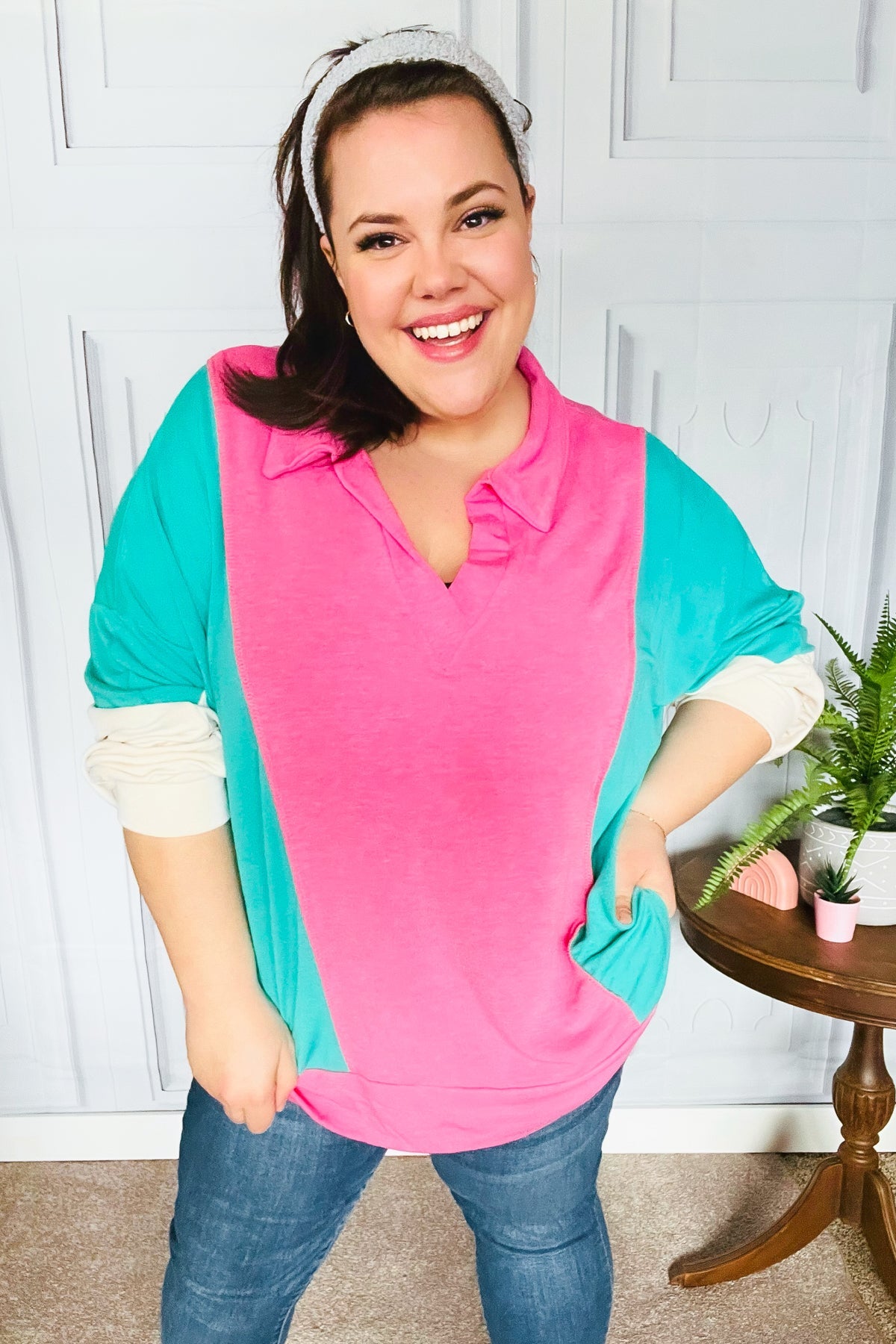 Stand Out Hot Pink & Mint V Neck Collared Terry Color Block Top