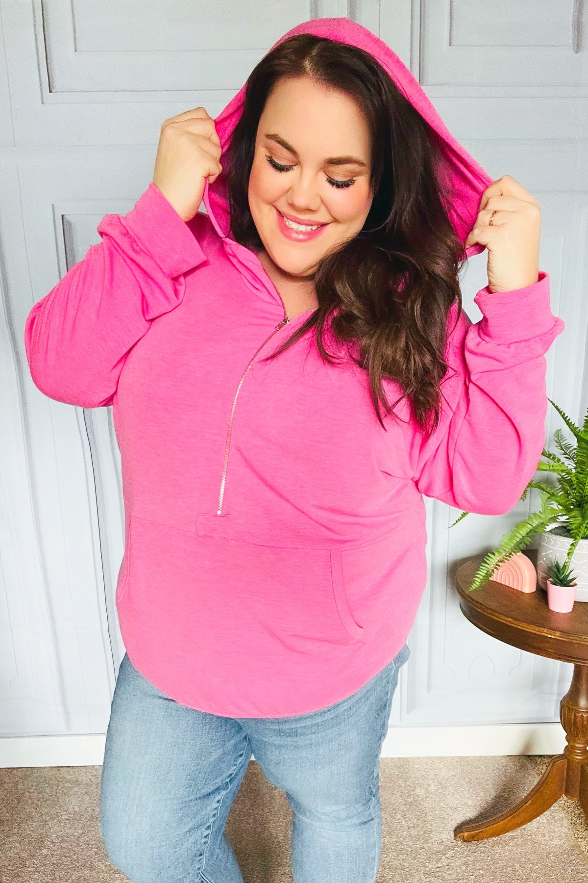 Ready to Relax Hot Pink Half Zip French Terry Hoodie