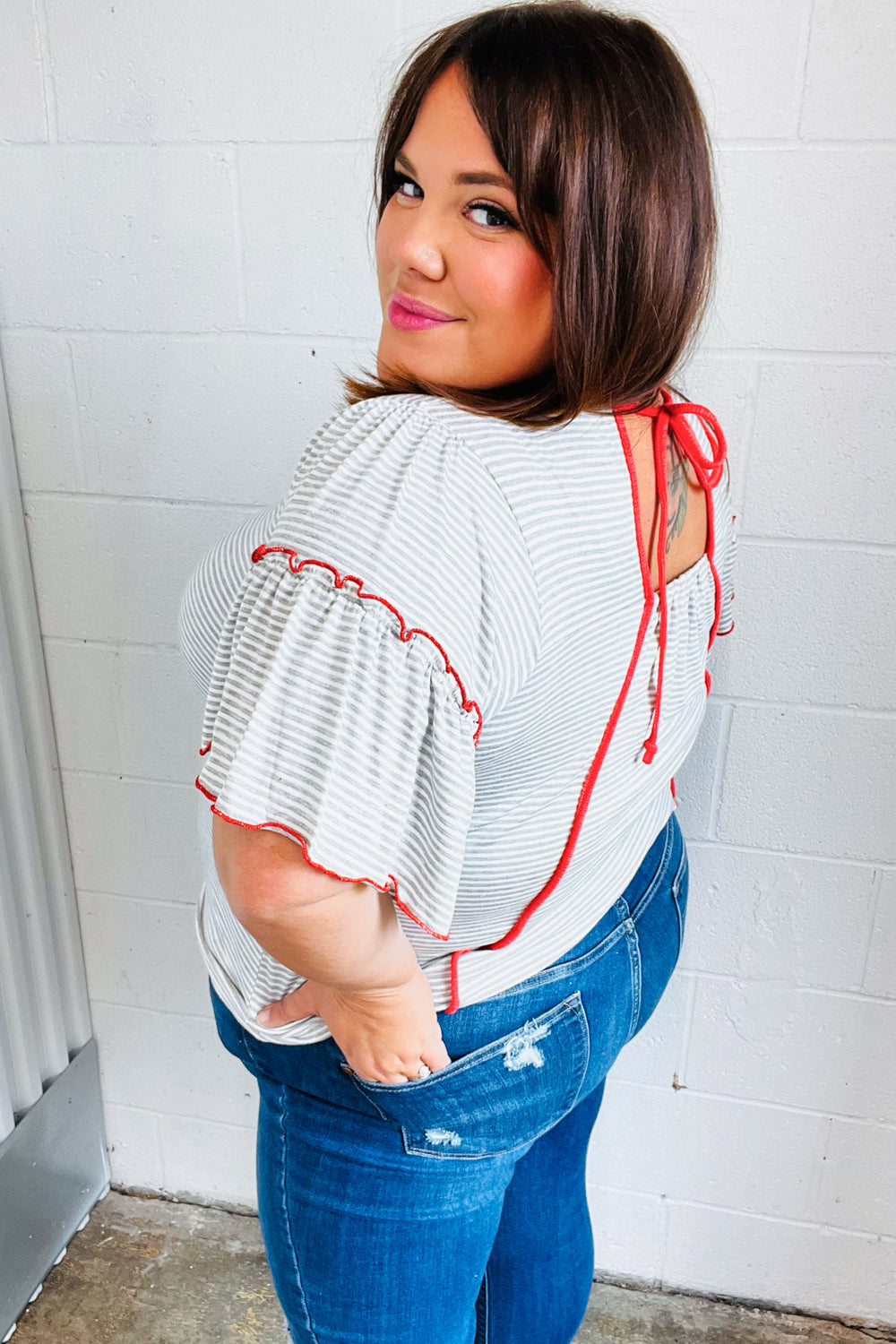 Heather Grey Striped Flutter Sleeve Tie Back Top